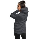 Unisex hoodie dark heather, back view with hood and long sleeves