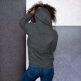 Unisex dark gray hoodie, back view with hood and kangaroo pocket