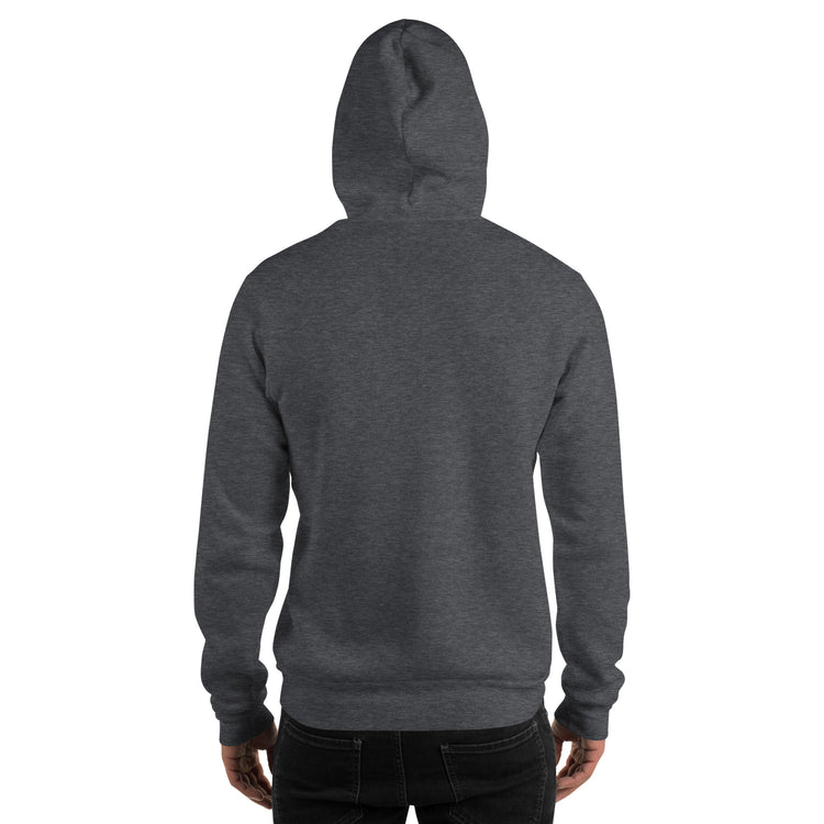 Dark gray heather unisex hoodie, back view with hood and kangaroo pocket.