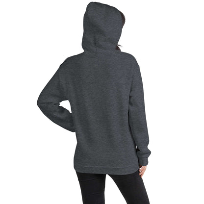 Sport gray pullover hoodie with attached hood and kangaroo pocket; back/side view.