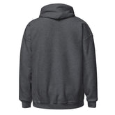 Dark heather gray pullover hoodie back view with drawstring hood and kangaroo pocket