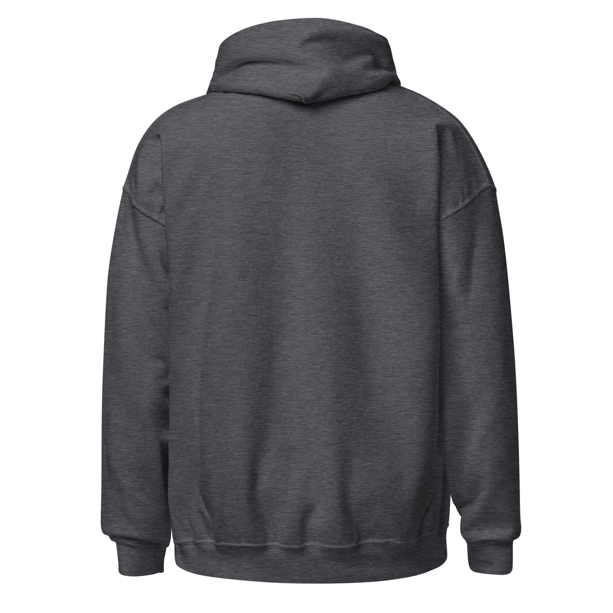 Dark heather gray pullover hoodie back view with drawstring hood and kangaroo pocket