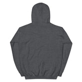 Charcoal pullover hoodie back view with adjustable hood and pouch pocket
