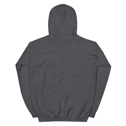 Dark heather gray pullover hoodie, back view with hood and plain shoulders