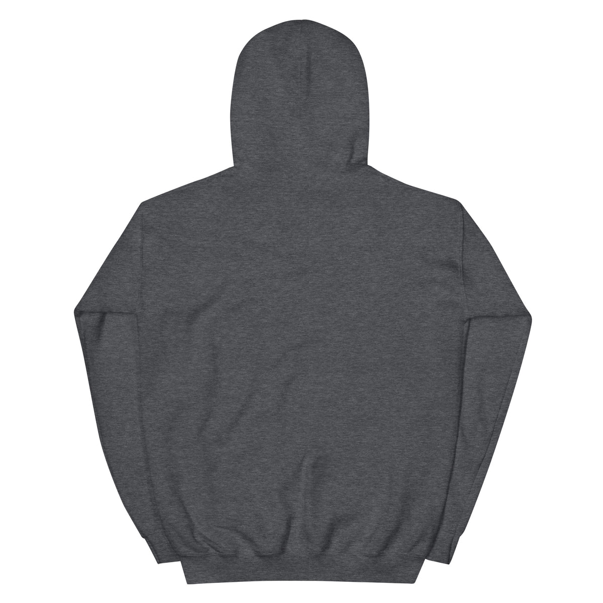 Dark gray unisex hoodie with hood and kangaroo pocket, back view