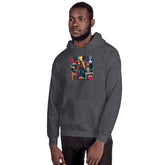 Gray unisex pullover hoodie with front hood and colorful square graphic