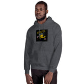 Dark heather gray unisex hoodie with hood, front pocket, and chest graphic patch