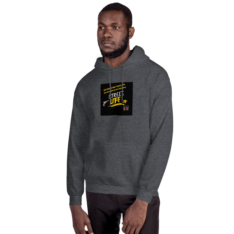 Dark heather gray unisex hoodie with hood, front pocket, and chest graphic patch