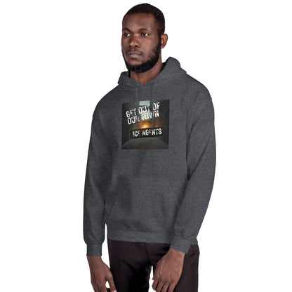 Dark heather gray pullover hoodie with front square graphic print and kangaroo pocket.