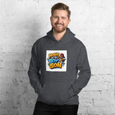 Dark gray unisex hoodie with colorful front logo graphic and kangaroo pocket