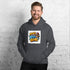 Dark gray unisex hoodie with colorful front logo graphic and kangaroo pocket
