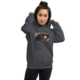 Unisex hoodie in dark heather gray with front graphic print and kangaroo pocket.
