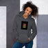 Unisex heather gray hoodie with hood, kangaroo pocket, and square front graphic.