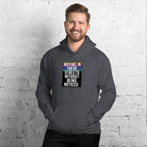 Dark heather unisex hoodie with front logo graphic and kangaroo pocket