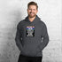 Dark heather unisex hoodie with front logo graphic and kangaroo pocket