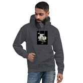 Unisex charcoal gray pullover hoodie with front pocket and printed chest graphic