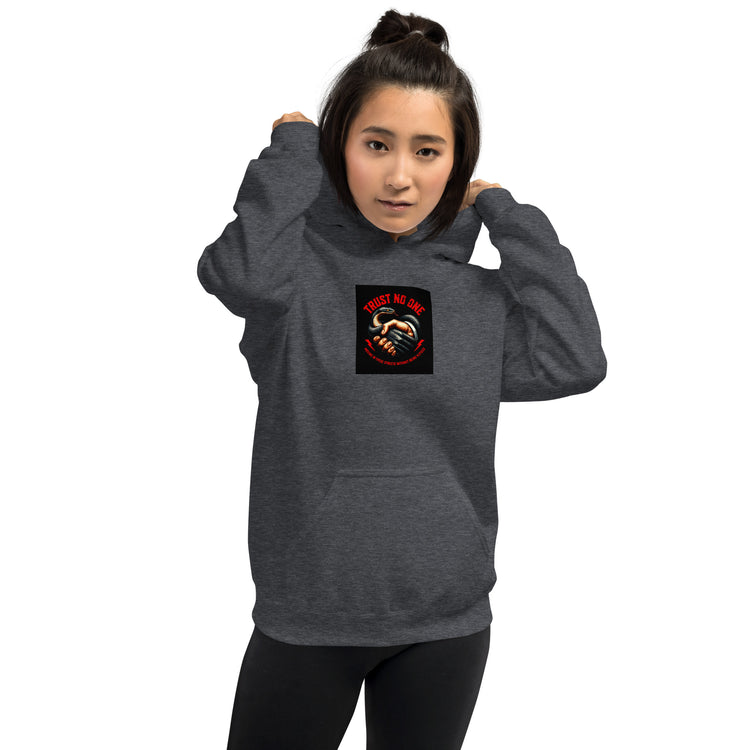 Dark heather unisex hoodie with front pocket and square chest graphic