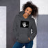 Unisex dark heather hoodie with front handprint graphic and kangaroo pocket