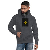 Dark gray unisex hoodie with hood and chest graphic on front