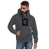 Dark gray unisex hoodie with hood and chest graphic on front
