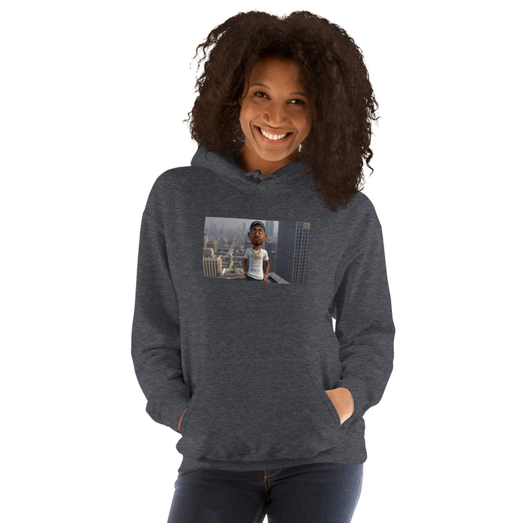 Heather gray unisex hoodie with front photo graphic, kangaroo pocket, and hood