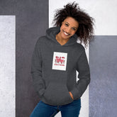 Unisex hoodie in dark heather gray with front graphic patch and kangaroo pocket.