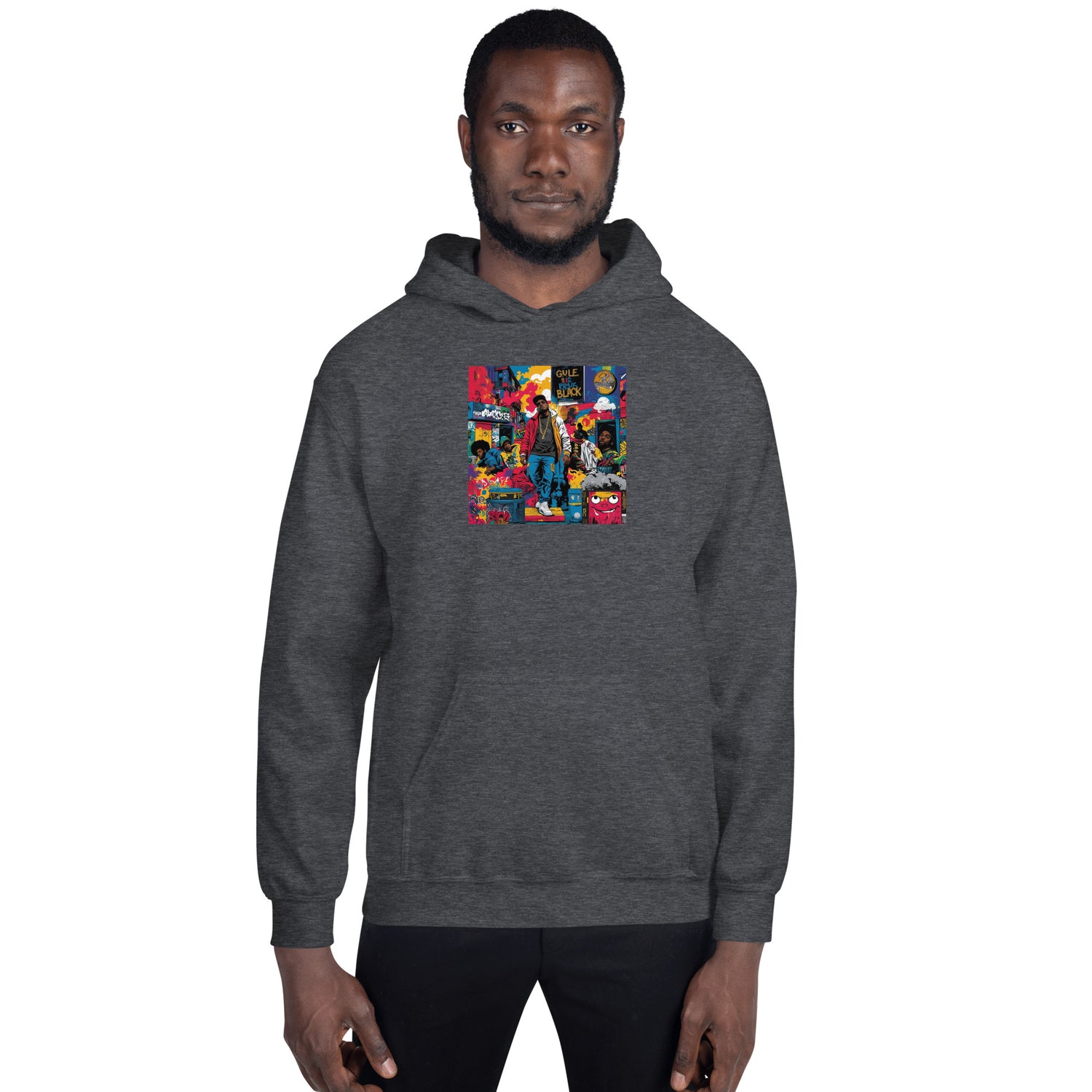 Dark heather grey unisex hoodie, front view with colorful rectangle graphic
