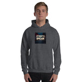 Unisex heather gray hoodie with hood, pouch pocket, and front square logo graphic.