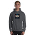 Unisex heather gray hoodie with hood, pouch pocket, and front square logo graphic.