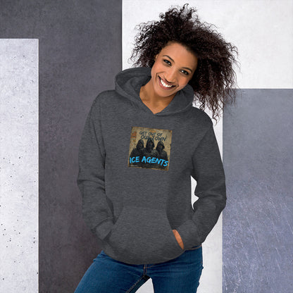 Unisex hoodie in dark heather gray with “ICE AGENTS” front graphic