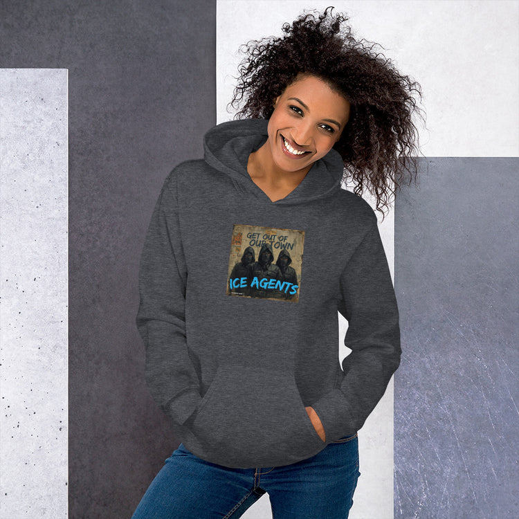 Unisex hoodie in dark heather gray with “ICE AGENTS” front graphic