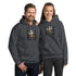 Unisex hoodie in dark heather gray with front logo graphic, pullover hood, and kangaroo pocket