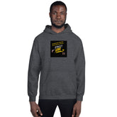 Dark heather gray unisex pullover hoodie with hood and front pocket, chest graphic