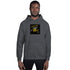 Dark heather gray unisex pullover hoodie with hood and front pocket, chest graphic