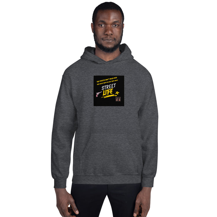 Dark heather gray unisex pullover hoodie with hood and front pocket, chest graphic