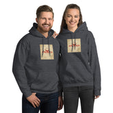 Dark gray unisex hoodie with front pocket and hood, graphic chest print