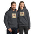 Dark gray unisex hoodie with front pocket and hood, graphic chest print