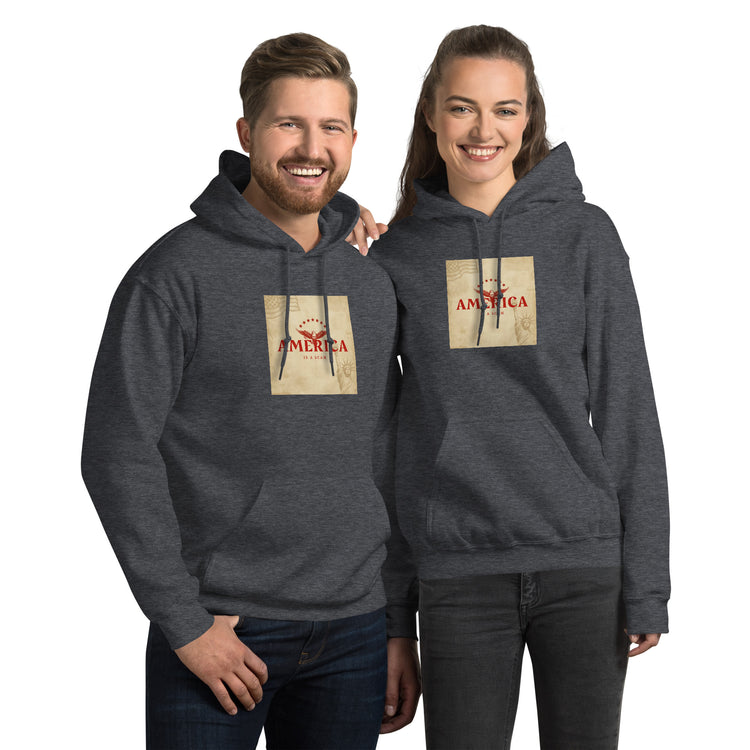 Dark gray unisex hoodie with front pocket and hood, graphic chest print