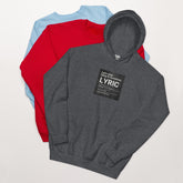 Dark gray hoodie with front graphic label reading “LYRIC”