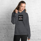Heather gray unisex hoodie with front pouch pocket, drawstring hood, square chest logo
