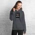 Heather gray unisex hoodie with front pouch pocket, drawstring hood, square chest logo
