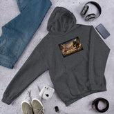 Unisex dark heather gray hoodie with chest graphic and front kangaroo pocket