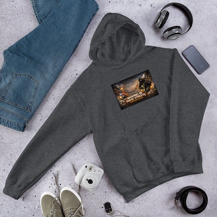 Unisex dark heather gray hoodie with chest graphic and front kangaroo pocket