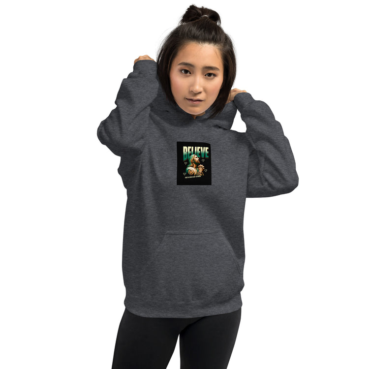Unisex hoodie, dark heather, chest graphic, pullover hood, kangaroo pocket