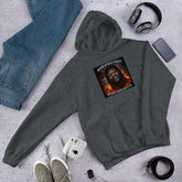 Unisex hoodie in Dark Heather with front hood and centered chest graphic
