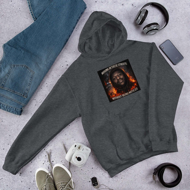 Unisex hoodie in Dark Heather with front hood and centered chest graphic