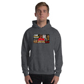 Dark gray heather unisex hoodie with front graphic print and kangaroo pocket.