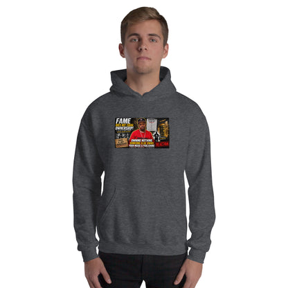 Dark gray heather unisex hoodie with front graphic print and kangaroo pocket.