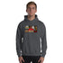 Dark gray heather unisex hoodie with front graphic print and kangaroo pocket.