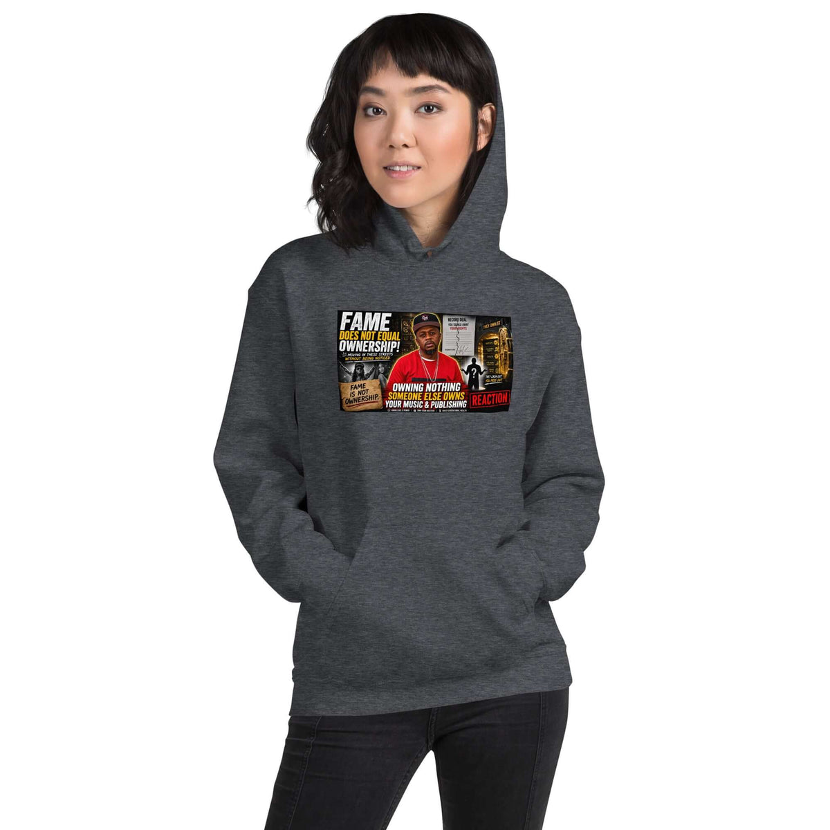 Sport gray pullover hoodie with attached hood, kangaroo pocket, and colorful front graphic print.